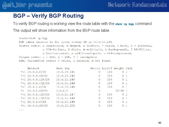 BGP – Verify BGP Routing To verify BGP routing is working view the route