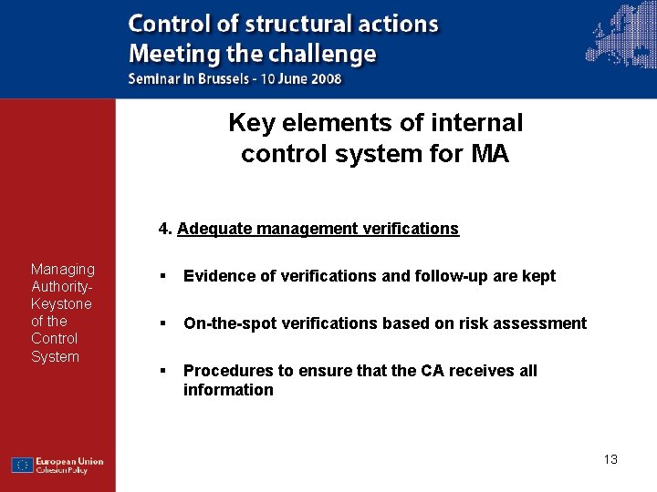 Key elements of internal control system for MA 4. Adequate management verifications Managing Authority.