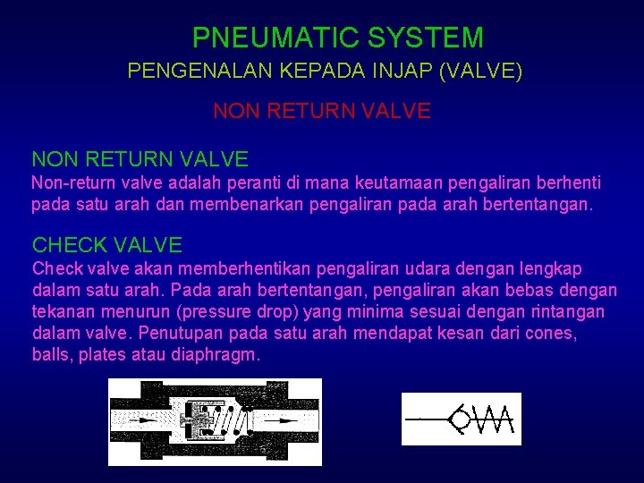 PNEUMATIC SYSTEM PENGENALAN KEPADA INJAP (VALVE) NON RETURN VALVE Non-return valve adalah peranti di