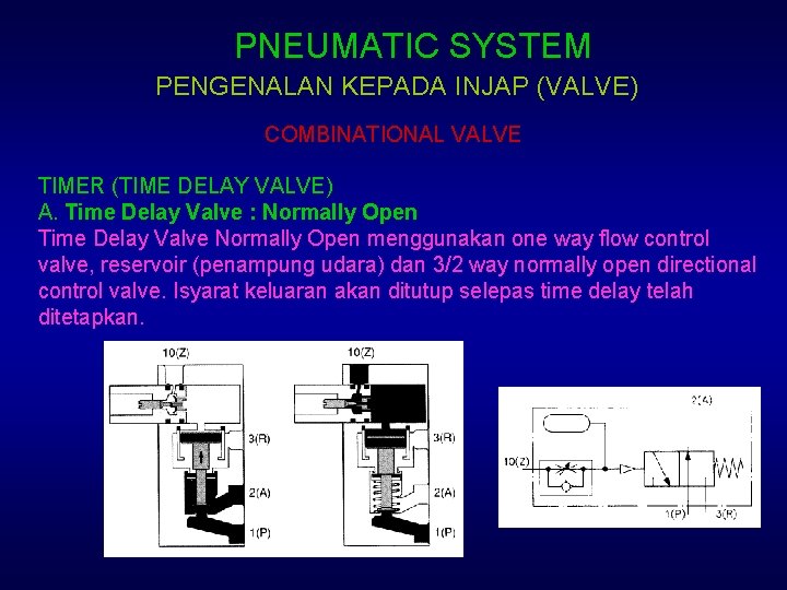 PNEUMATIC SYSTEM PENGENALAN KEPADA INJAP (VALVE) COMBINATIONAL VALVE TIMER (TIME DELAY VALVE) A. Time