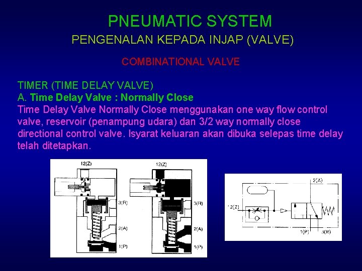 PNEUMATIC SYSTEM PENGENALAN KEPADA INJAP (VALVE) COMBINATIONAL VALVE TIMER (TIME DELAY VALVE) A. Time