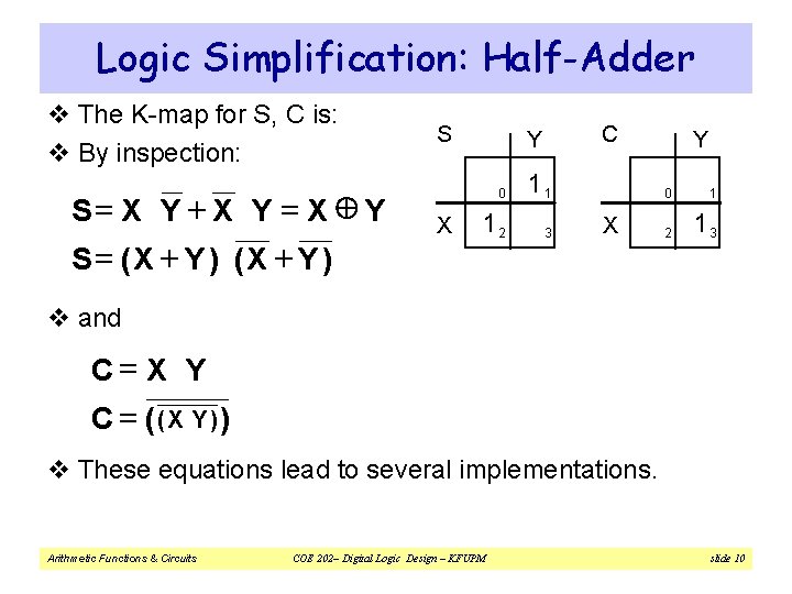 Logic Simplification: Half-Adder v The K-map for S, C is: v By inspection: S=