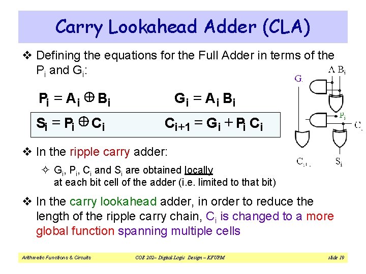 Carry Lookahead Adder (CLA) v Defining the equations for the Full Adder in terms