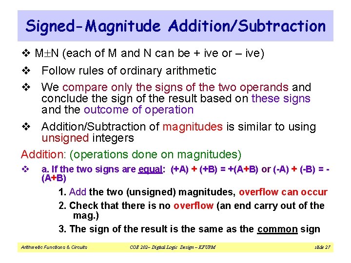 Signed-Magnitude Addition/Subtraction v M N (each of M and N can be + ive