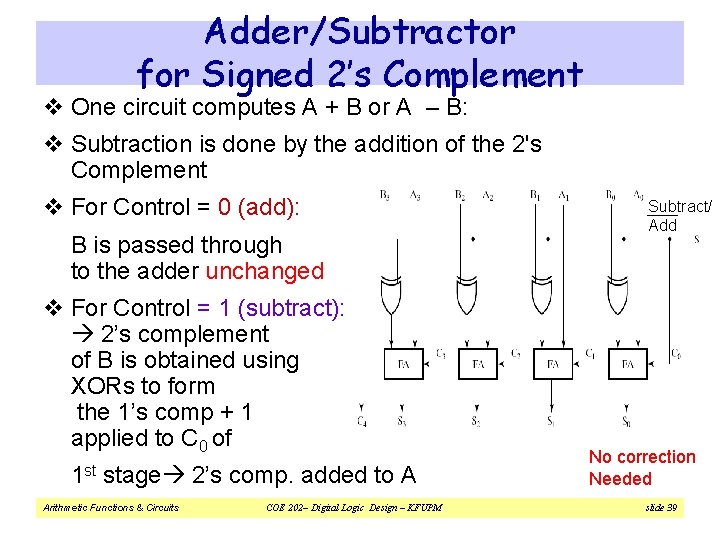 Adder/Subtractor for Signed 2’s Complement v One circuit computes A + B or A