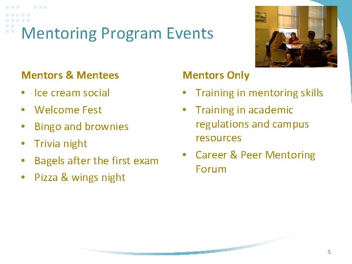 Mentoring Program Events Mentors & Mentees • • • Ice cream social Welcome Fest