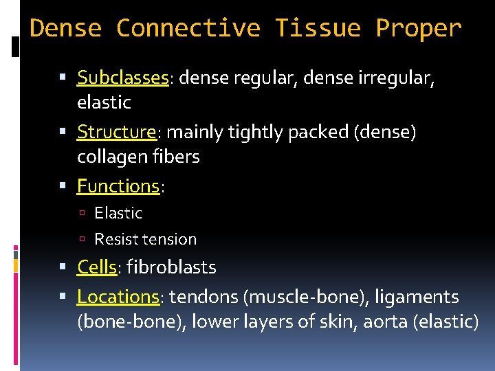 Dense Connective Tissue Proper Subclasses: dense regular, dense irregular, elastic Structure: mainly tightly packed Dense Connective Tissue Proper Subclasses: dense regular, dense irregular, elastic Structure: mainly tightly packed