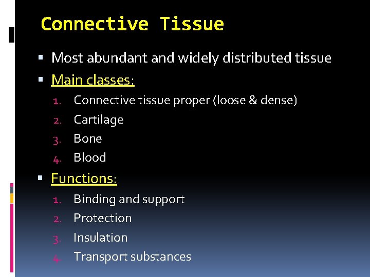 Connective Tissue Most abundant and widely distributed tissue Main classes: 1. Connective tissue proper Connective Tissue Most abundant and widely distributed tissue Main classes: 1. Connective tissue proper