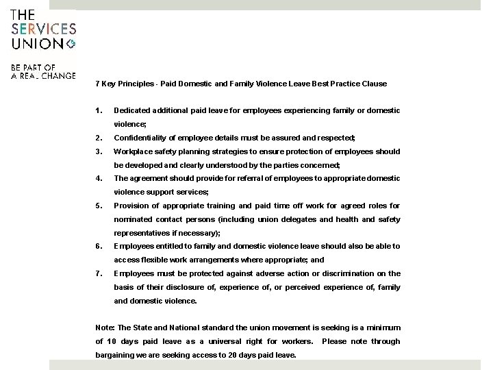 7 Key Principles - Paid Domestic and Family Violence Leave Best Practice Clause 1.