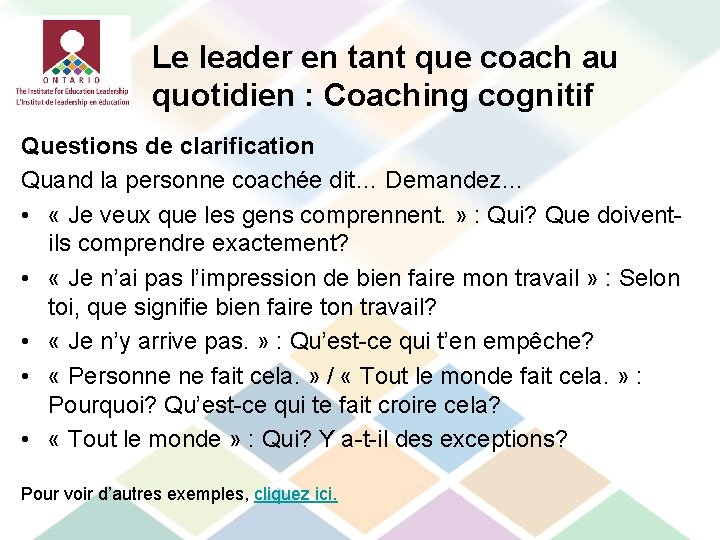 Le leader en tant que coach au quotidien : Coaching cognitif Questions de clarification