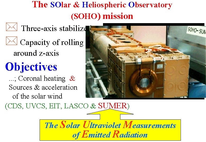 The SOlar & Heliospheric Observatory (SOHO) mission Three-axis stabilized Capacity of rolling around z-axis