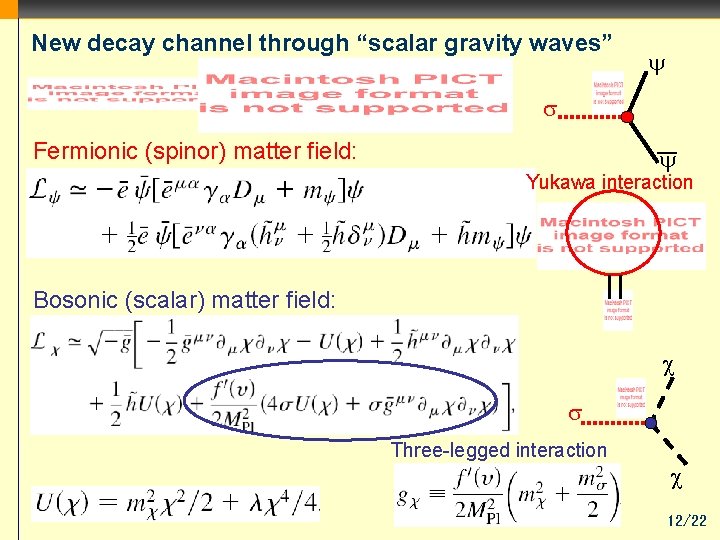 New decay channel through “scalar gravity waves” y s Fermionic (spinor) matter field: y