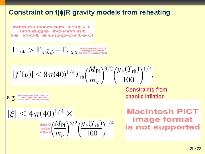 Constraint on f( )R gravity models from reheating e. g. Constraints from chaotic inflation