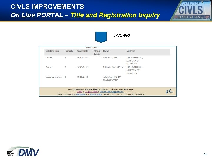 CIVLS IMPROVEMENTS On Line PORTAL – Title and Registration Inquiry Continued 24 CIVLS IMPROVEMENTS On Line PORTAL – Title and Registration Inquiry Continued 24