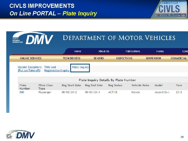 CIVLS IMPROVEMENTS On Line PORTAL – Plate Inquiry 26 CIVLS IMPROVEMENTS On Line PORTAL – Plate Inquiry 26