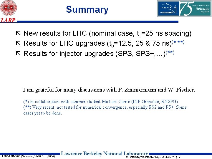 Summary ã New results for LHC (nominal case, tb=25 ns spacing) ã Results for