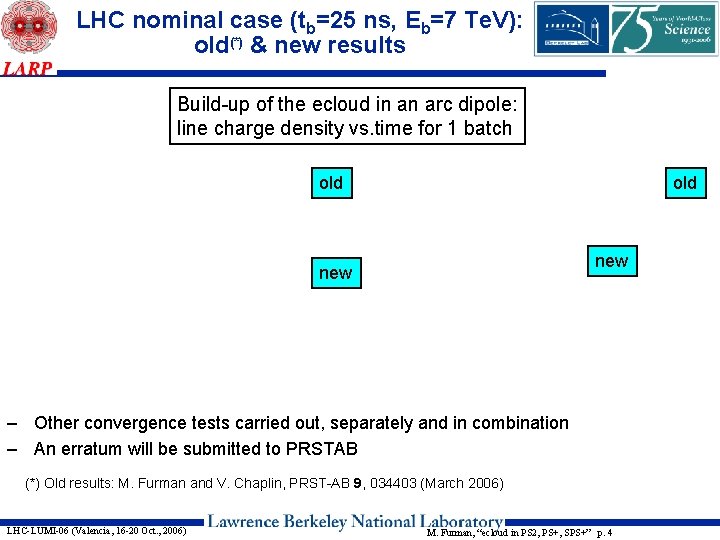 LHC nominal case (tb=25 ns, Eb=7 Te. V): old(*) & new results Build-up of