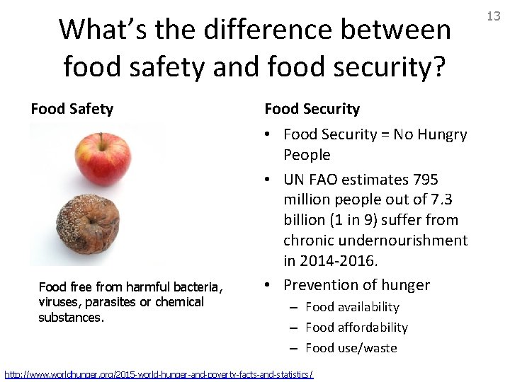 What’s the difference between food safety and food security? Food Safety Food Security •