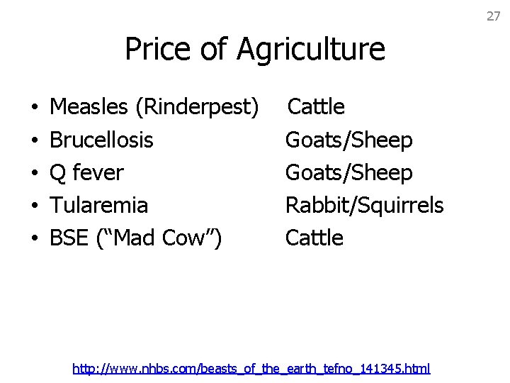 27 Price of Agriculture • • • Measles (Rinderpest) Brucellosis Q fever Tularemia BSE