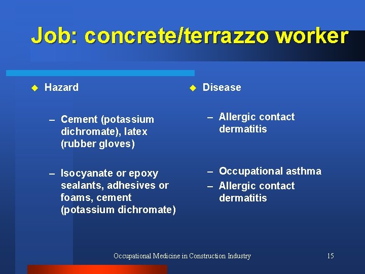 Job: concrete/terrazzo worker u Hazard u Disease – Cement (potassium dichromate), latex (rubber gloves)