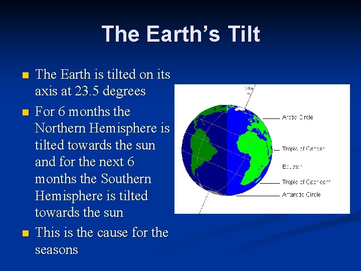 The Earth’s Tilt n n n The Earth is tilted on its axis at