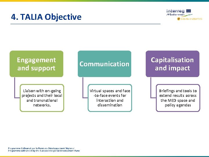 4. TALIA Objective Engagement and support Liaison with on-going projects and their local and