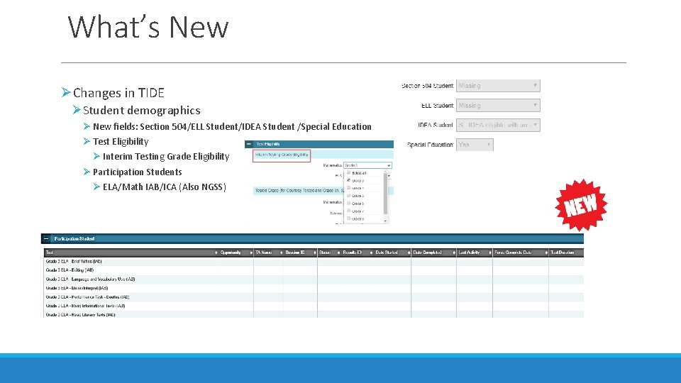 What’s New ØChanges in TIDE ØStudent demographics Ø New fields: Section 504/ELL Student/IDEA Student What’s New ØChanges in TIDE ØStudent demographics Ø New fields: Section 504/ELL Student/IDEA Student