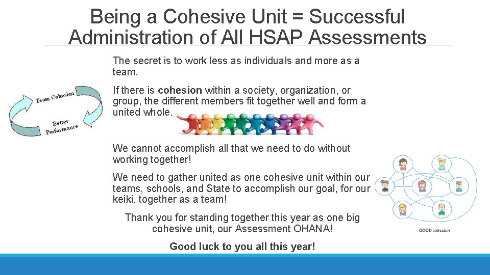 Being a Cohesive Unit = Successful Administration of All HSAP Assessments The secret is Being a Cohesive Unit = Successful Administration of All HSAP Assessments The secret is