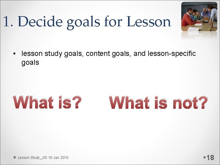 1. Decide goals for Lesson • lesson study goals, content goals, and lesson-specific goals