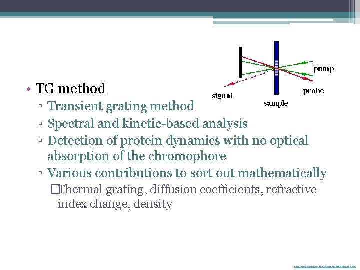  • TG method ▫ Transient grating method ▫ Spectral and kinetic-based analysis ▫