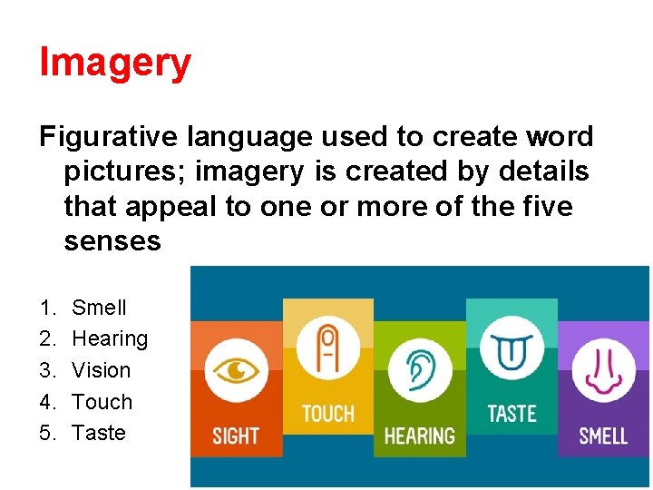 Imagery Figurative language used to create word pictures; imagery is created by details that