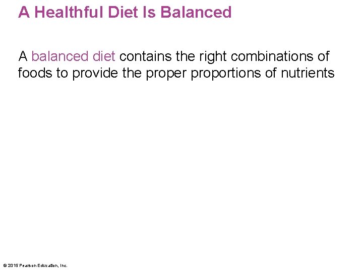A Healthful Diet Is Balanced A balanced diet contains the right combinations of foods A Healthful Diet Is Balanced A balanced diet contains the right combinations of foods