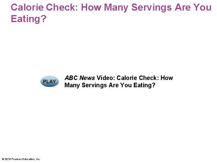 Calorie Check: How Many Servings Are You Eating? PLAY © 2015 Pearson Education, Inc. Calorie Check: How Many Servings Are You Eating? PLAY © 2015 Pearson Education, Inc.
