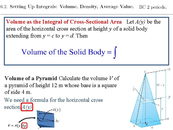 Volume as the Integral of Cross-Sectional Area Let A(y) be the area of the