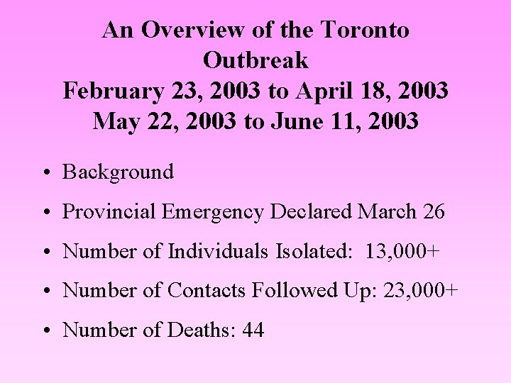 An Overview of the Toronto Outbreak February 23, 2003 to April 18, 2003 May