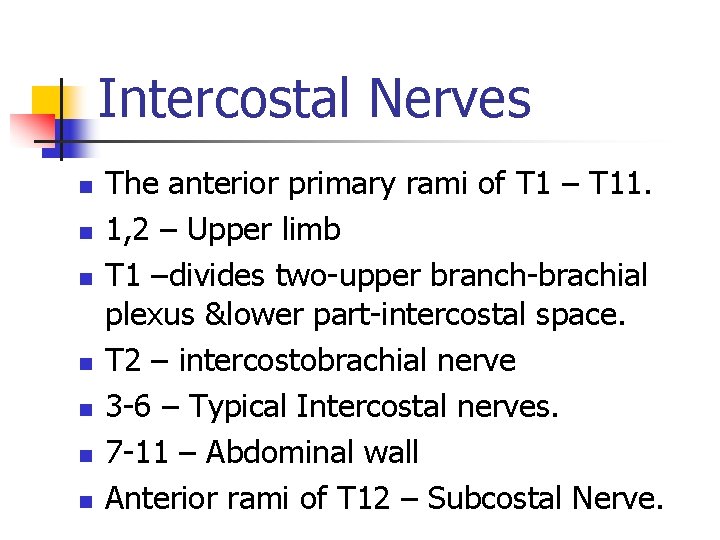 Intercostal Nerves n n n n The anterior primary rami of T 1 –