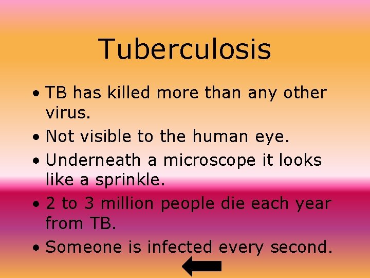 Tuberculosis • TB has killed more than any other virus. • Not visible to