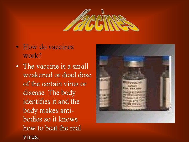  • How do vaccines work? • The vaccine is a small weakened or