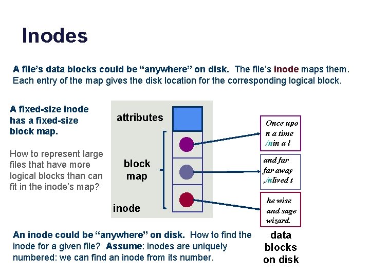 Inodes A file’s data blocks could be “anywhere” on disk. The file’s inode maps