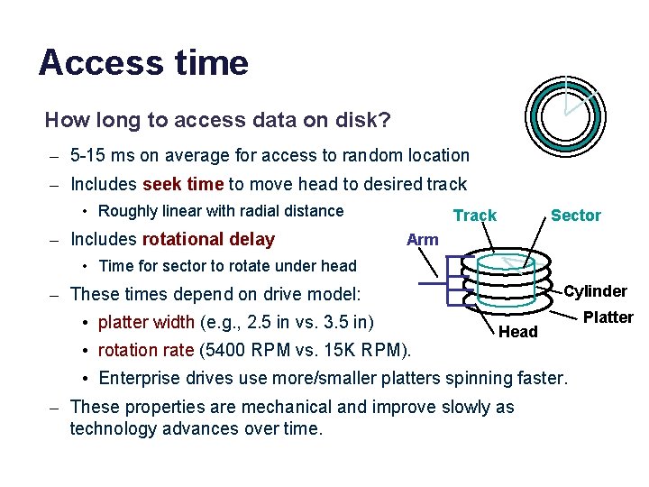 Access time How long to access data on disk? – 5 -15 ms on