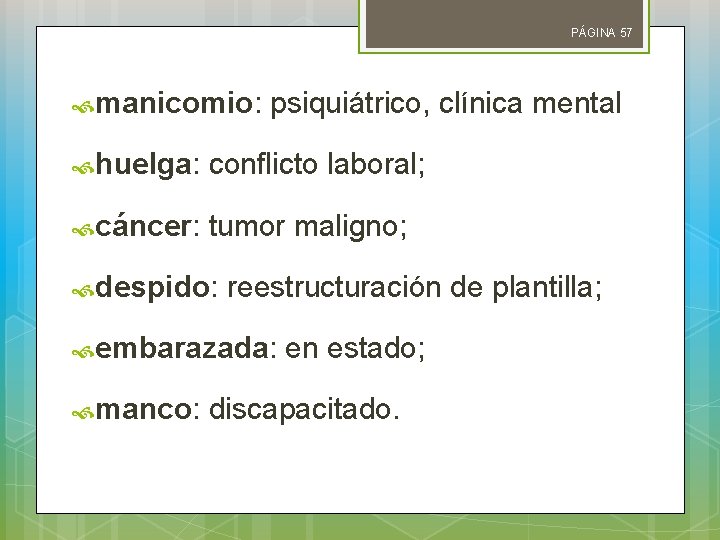 PÁGINA 57 manicomio: psiquiátrico, clínica mental huelga: conflicto laboral; cáncer: tumor maligno; despido: reestructuración