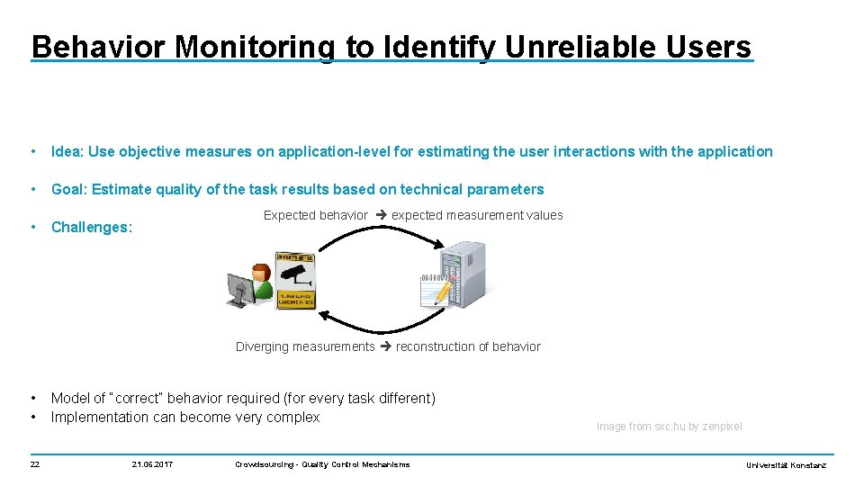 Behavior Monitoring to Identify Unreliable Users • Idea: Use objective measures on application-level for