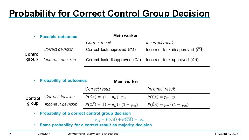 Probability for Correct Control Group Decision Main worker Correct result Incorrect result Correct decision