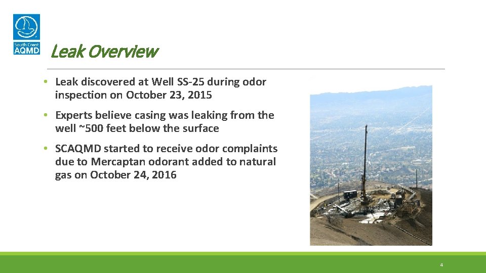 Leak Overview • Leak discovered at Well SS-25 during odor inspection on October 23,