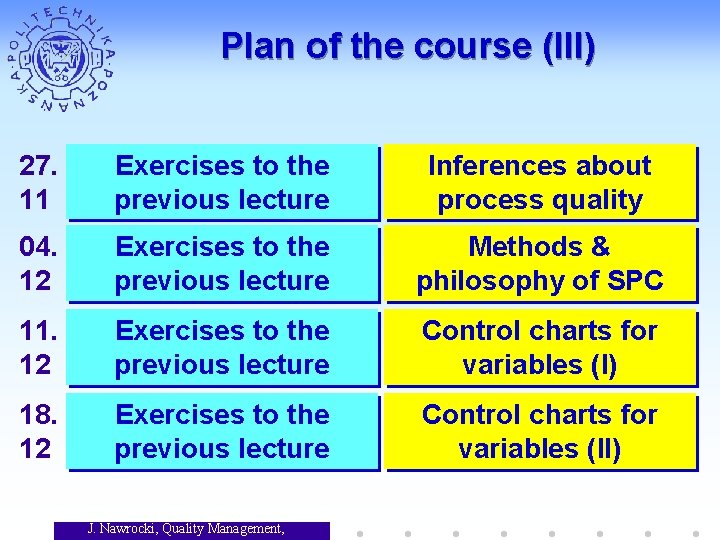 Plan of the course (III) 27. 11 Exercises to the previous lecture Inferences about