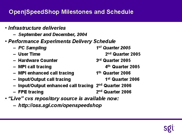 Open|Speed. Shop Milestones and Schedule • Infrastructure deliveries – September and December, 2004 •