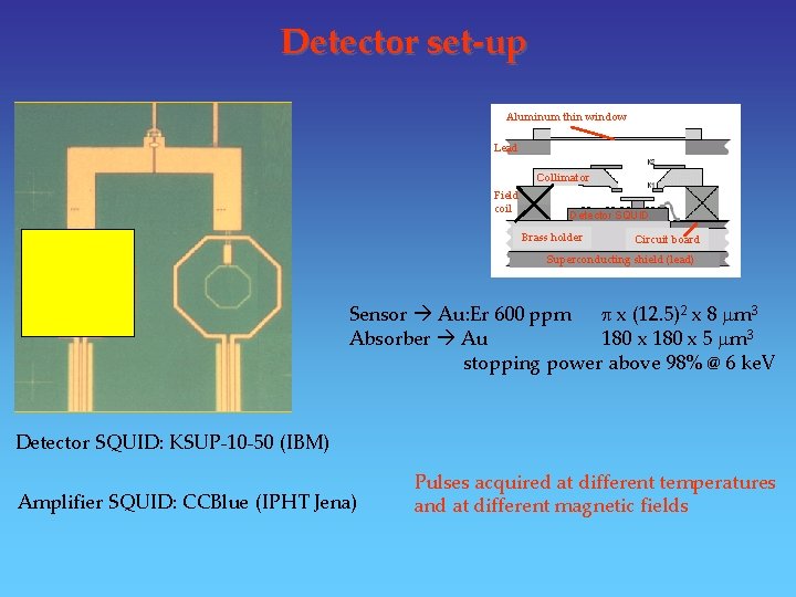 Detector set-up Aluminum thin window Lead Collimator Field coil Detector SQUID Brass holder Circuit Detector set-up Aluminum thin window Lead Collimator Field coil Detector SQUID Brass holder Circuit