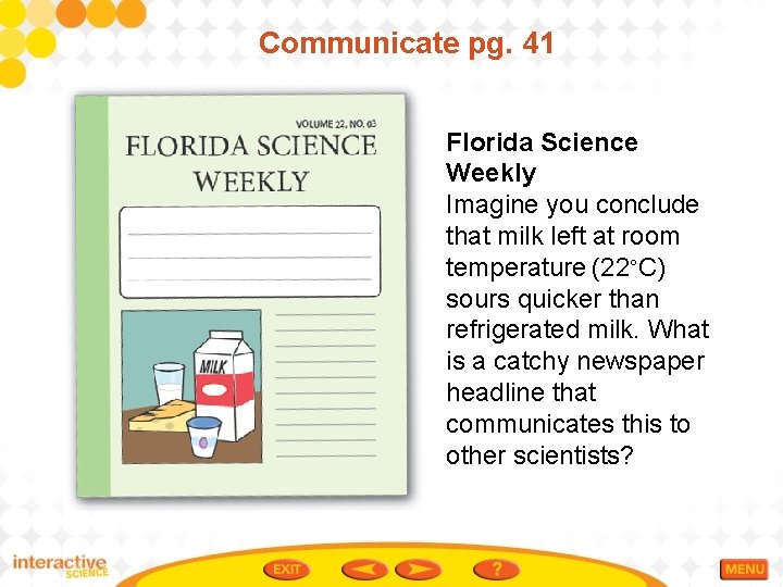 Communicate pg. 41 Florida Science Weekly Imagine you conclude that milk left at room