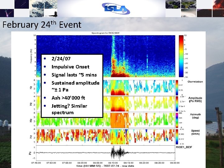 February 24 th Event • • 2/24/07 Impulsive Onset Signal lasts ~5 mins Sustained