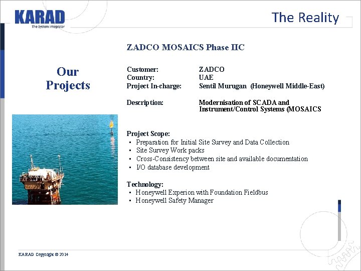 The Reality ZADCO MOSAICS Phase IIC Our Projects Customer: Country: Project In-charge: ZADCO UAE The Reality ZADCO MOSAICS Phase IIC Our Projects Customer: Country: Project In-charge: ZADCO UAE